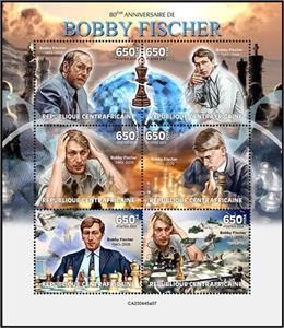 Mini Sheet, 80th Anniversary of the Birth of Bobby Fischer, Central African Republic,  , Anniversaries and Jubilees, Chess