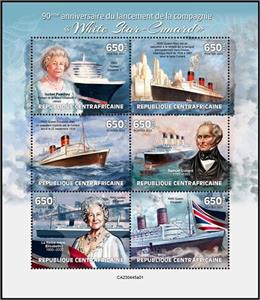 Mini Sheet, 90th Anniversary of the “White Star-Cunard” Company, Central African Republic,  , Anniversaries and Jubilees, Famous People, Passenger-ships, Queens, Ships