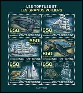 Mini Sheet, Turtles and Tall Ships, Central African Republic,  , Animals (Fauna), Reptiles, Sailing Ships, Ships, Turtles