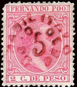 Stamp, Alfonso XIII overprinted in red, Fernando Poo,  