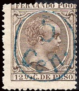 Stamp, Alfonso XIII, overprinted in blue, Fernando Poo,  