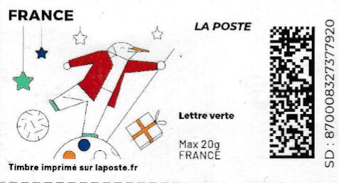 Stamp, Bird in a red coat stars without laposte logo, France,  , Christmas