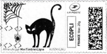 Stamp, Black Cat and Cobwebs. white background, France,  , Cats