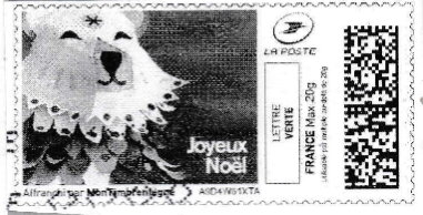 Stamp, Head of Fantastic Bear. Joyeux Noel in black, France,  , Bears, Christmas, Stylized Animals