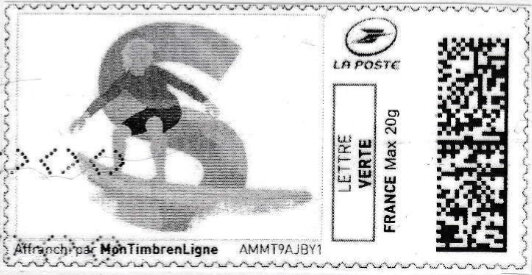 Stamp, Letter S Surfing in black, France,  , Aquatic Sports, Letters (Alphabet), Sports, Surfing