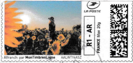 Stamp, Summer. Girl in a field of Sunflowers, France,  , Crops, Summer, Sunflowers, Women