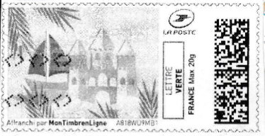 Stamp, Summer. Sand Castle in black, France,  , Beaches, Sailing, Sailing Ships, Summer