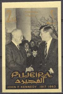 Stamp, JFK & Dwight D. Eisenhower on the Porch of the White House, Fujairah (Fujeira),  , Famous People, Heads of State, Politicians