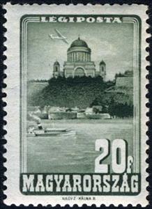 Stamp, Basilica, Esztergom, Hungary,  , Aircraft, Aviation, Churches - Cathedrals - Basilicas - Chapels, Rivers, Ships