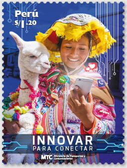 Stamp, Ministry of Transport & Communications : Innovate to Create, Peru,  , Government Departments, Llamas, Telecommunication