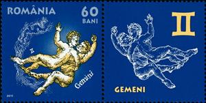 Stamp with Attached Label, Gemini, Romania,  , Children, Zodiac