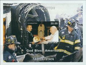 Souvenir Sheet, 9/11 Terrorist Attack First Responders and Pope John Paul, Tajikistan,  , Disasters, Fire-brigade, Popes, Towers