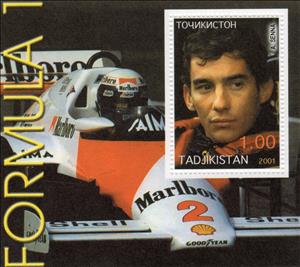Souvenir Sheet, Formula I A. Senna, Tajikistan,  , Famous People, Formula One, Racing Cars, Racing Drivers