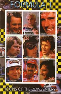 Mini Sheet, Formula I Icons of the 20th Century, Tajikistan,  , Famous People, Formula One, Racing Drivers