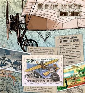 Souvenir Sheet, 100th Anniversary of the Flight London-Paris, Burundi,  , Aircraft, Anniversaries and Jubilees, Aviation