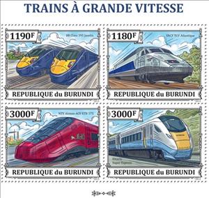 Mini Sheet, High Speed Trains, Burundi,  , Locomotives, Railways, Transport