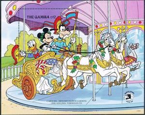 Souvenir Sheet, Riding Carousel Horses, Gambia,  , Disney