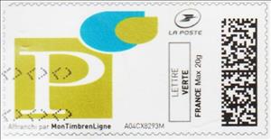 Stamp, Logo white P on olive and a blue and olive speech bubble, France,  , Logos