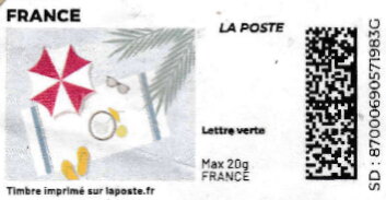 Stamp, Summer. Beach Umbrella and Beach Mat. Redesign no logo, France,  , Beaches, Summer, Umbrellas