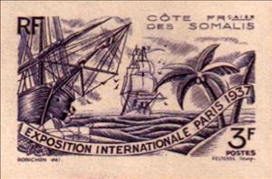 Stamp, Overseas Trade, French Somaliland (Somali Coast),  , Expositions, Palm-trees, Sailing Ships, Ships, Trees, World Exhibitions