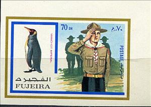 Stamp, Emperor Penguin (Aptenodytes forsteri) and Boy Scout, Fujairah (Fujeira),  , Birds, Scouting