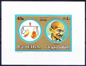Souvenir Sheet, Libra, Gandhi, Fujairah (Fujeira),  , Famous People, Freedom Fighters, Human Rights, Independency Activists, Lawyers - Advocates, Optical Instruments, Politicians, Zodiac