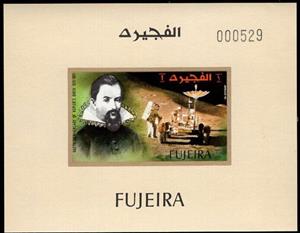 Souvenir Sheet, Moon Car, Fujairah (Fujeira),  , Anniversaries and Jubilees, Astronauts, Astronomers, Mathematicians, Moon, Moon Landing, Outer Space, Scientists