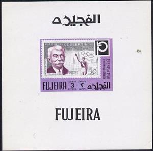 Souvenir Sheet, Pierre de Coubertin on French Stamp, Fujairah (Fujeira),  , Philatelic Exhibitions, Stamps