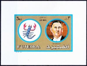 Souvenir Sheet, Scorpio, de Gaulle, Fujairah (Fujeira),  , Famous People, Scorpions, Zodiac