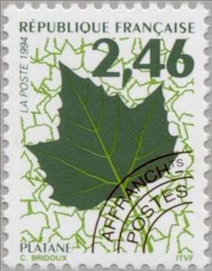 Stamp, Tree leaves - Plane, France,  , Plants (Flora)