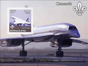 Souvenir Sheet, Concorde and Scouts Logo, Somaliland,  , Aircraft, Aviation, Scouting