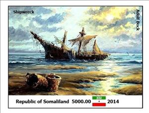 Souvenir Sheet, Sailing Ship Paintings by Adolf Bock, Somaliland,  , Painters, Paintings, Sailing Ships