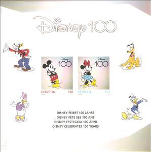 Souvenir Sheet, 100 Years Disney, Switzerland,  , Anniversaries and Jubilees, Comics, Disney, Mice