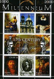 Mini Sheet, Millenium 17th Century, Turkmenistan,  , Architecture, Famous People, Millennium, Paintings