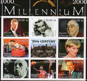 Mini Sheet, Millenium 20th Century, Turkmenistan,  , Basketball, Disney, Elvis Presley, Famous People, Heads of State, Marilyn Monroe, Millennium, Townscapes / City Views