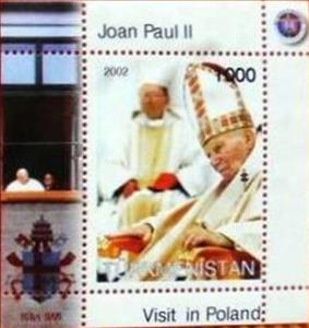 Souvenir Sheet, Pope John Paul II Visit to Poland, Turkmenistan,  , Clergy, Famous People, Popes, Religion