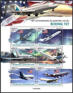 Mini Sheet, 60th Anniversary of First Flight of Boeing 727, Central African Republic,  , Aircraft, Anniversaries and Jubilees, Aviation
