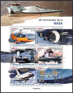 Mini Sheet, 65th Anniversary of NASA, Central African Republic,  , Anniversaries and Jubilees, Organizations, Outer Space, Space Traveling, Spacecrafts