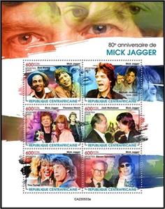 Mini Sheet, 80th Anniversary of the Birth of Mick Jagger, Central African Republic,  , Actors, Anniversaries and Jubilees, Famous People, Music, Musicians, Singers