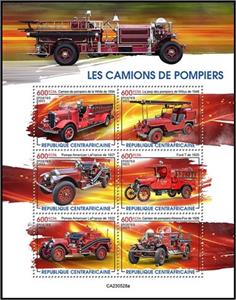 Mini Sheet, Fire Trucks, Central African Republic,  , Cars, Fire-brigade, Trucks, Vehicles