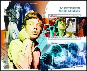 Souvenir Sheet, Mick Jagger, Central African Republic,  , Actors, Anniversaries and Jubilees, Famous People, Music, Musicians, Singers