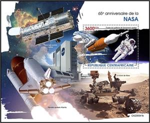 Souvenir Sheet, Space Launch System Rocket, Central African Republic,  , Anniversaries and Jubilees, Organizations, Outer Space, Space Traveling, Spacecrafts