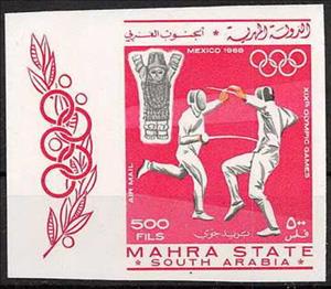 Stamp, Fencing; Figure of the Mazapan Culture, Mahra,  , Fencing, Olympic Games, Sports