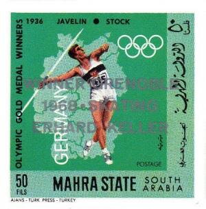 Stamp, Javelin Throwing – Stick (1936), Mahra,  , Athletics, Javelin Throw, Olympic Games, Sports