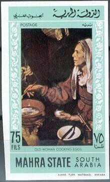 Stamp, Old Woman Cooking Eggs, by Diego Velázquez, Mahra,  , Paintings