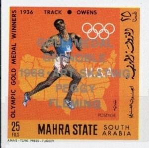 Stamp, Running – Owens (1936), Mahra,  , Athletes, Athletics, Olympic Games, Running, Sports