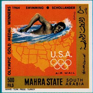 Stamp, Swimming – Schollander (1964), Mahra,  , Olympic Games, Sports, Swimming