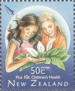Stamp, Health - Peace Lily 50c + 10c, New Zealand,  , Children, Flowers, Lilies (Flower), Plants (Flora)