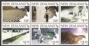 Se-tenant, Weather Extremes - block, New Zealand,  , Floodings, Landscapes, Sea, Snow, Sun, Umbrellas, Water, Weather