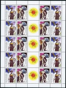 Full Pane, Postmen of Past and Future, Slovenia,  , Anniversaries and Jubilees, Astronauts, Post Horns, Postmen, U.P.U.